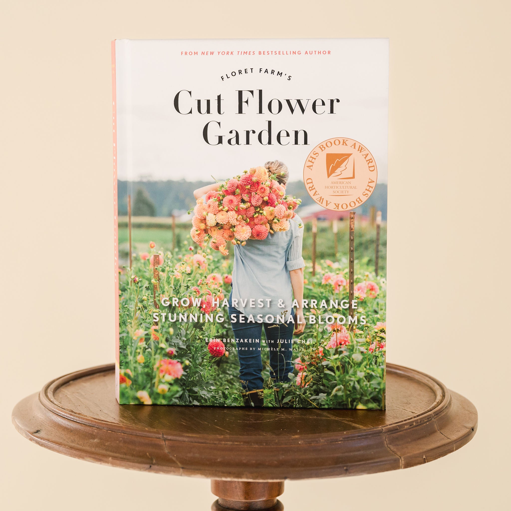 Cover of Cut Flower Garden book sitting on a round wooden stool 