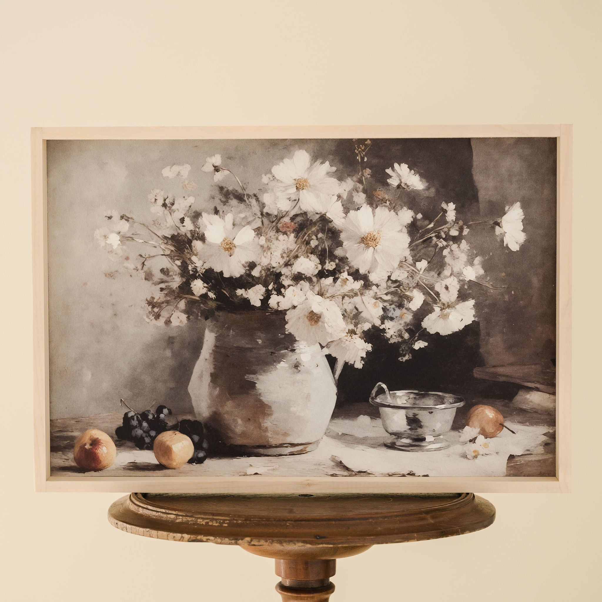 framed print of a vessel of white cosmos and fruit