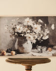 framed print of a vessel of white cosmos and fruit