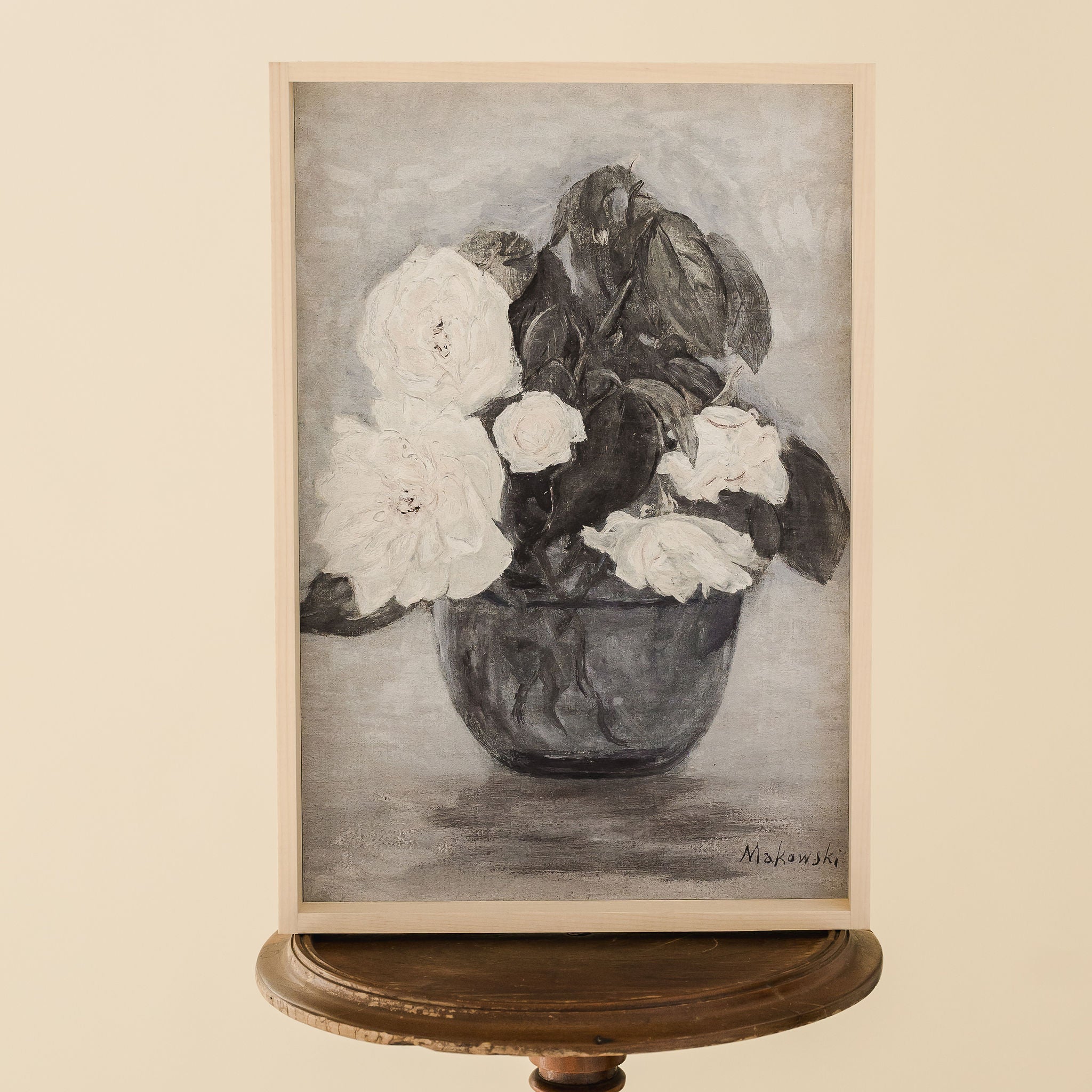 framed print of white roses in a vase