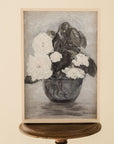 framed print of white roses in a vase