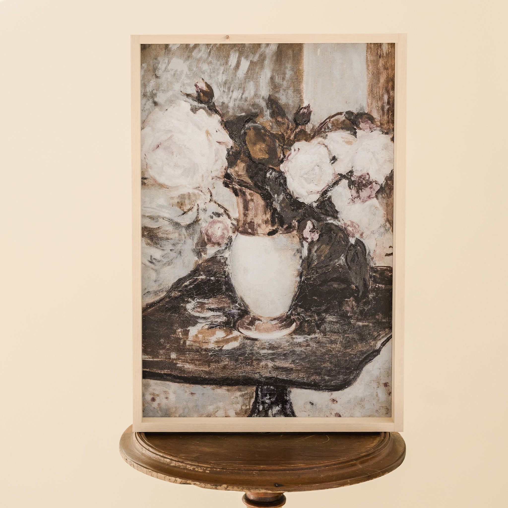 framed print of white peonies in a vase