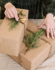 two wrapped gifts with a piece of greenery on top and two gold bells