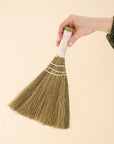 small broom held up against back drop